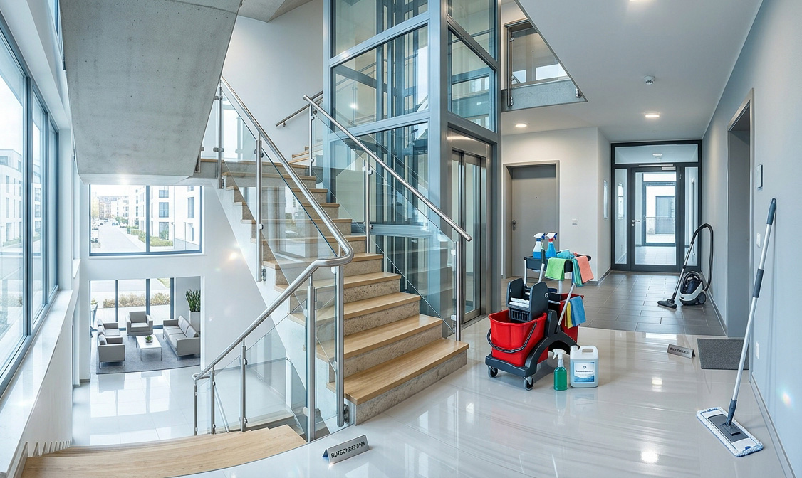 Sauberes, modernes Treppenhaus mit Reinigungsausstattung